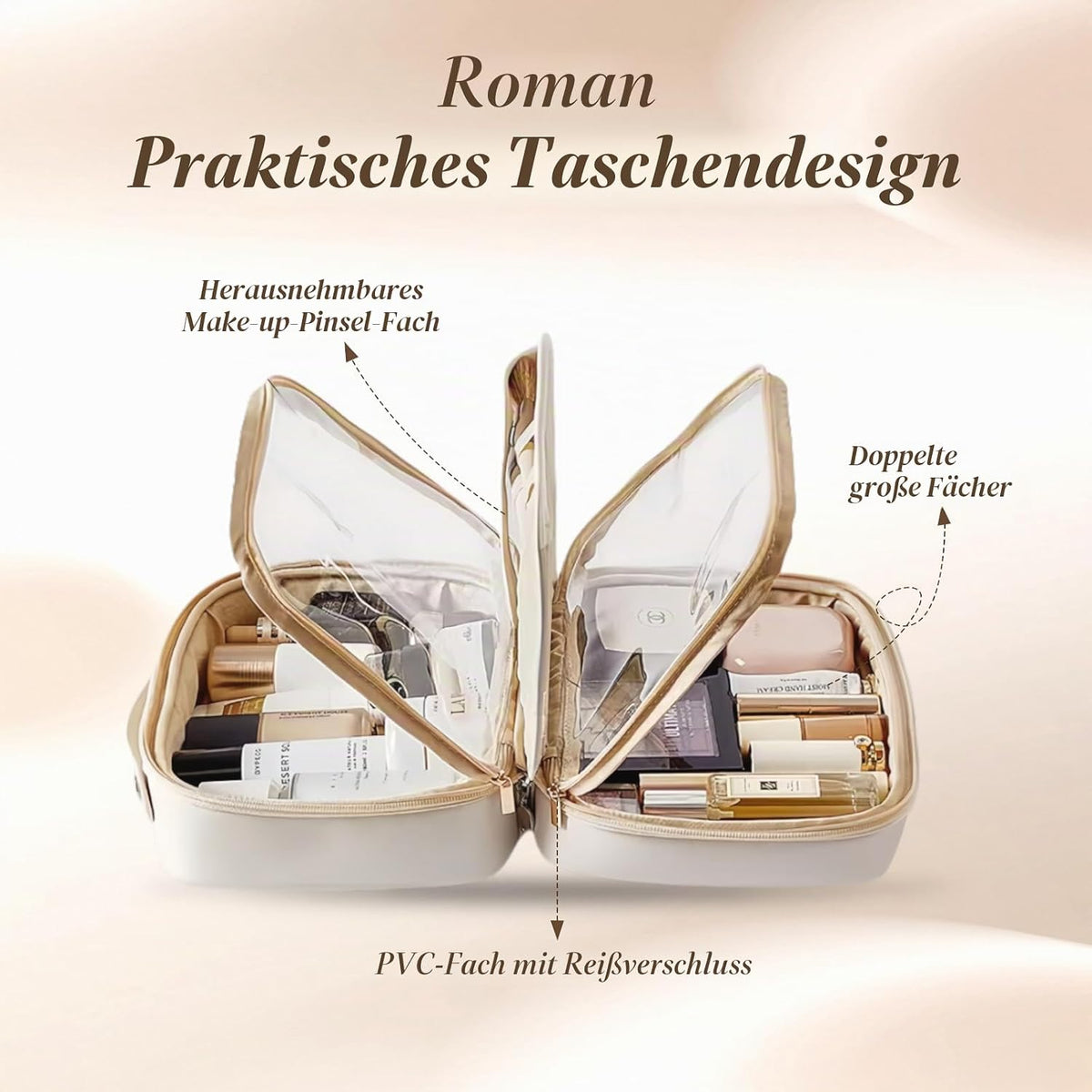 Aucuu Kosmetiktasche Damen, Groß Make up Tasche, Reise Schminktasche, Leder Tragbare Kulturbeutel, Cosmetic Bag Mit Griff Und Teiler, Kosmetische Tasche, Wasserdicht Kosmetiktasche Für Damen Mädchen
